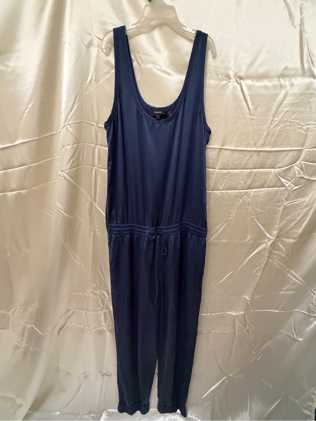 Theory Navy Blue 100% Silk Sleeveless Drawstring Jumpsuit Size Small
